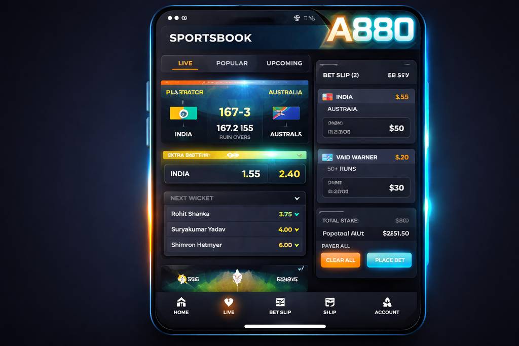 A880 Sports Betting — Cricket and Football Live Markets A880 sportsbook mobile view with live cricket odds and bet slip open