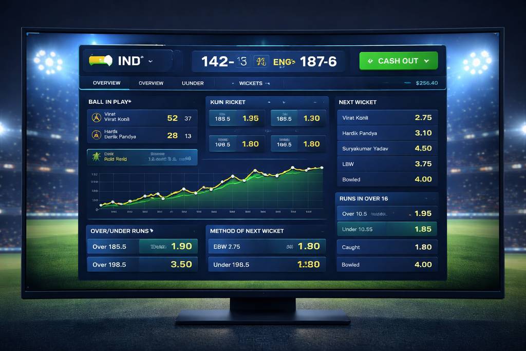A880 In-Play Betting — Live Cricket Cash-Out Dashboard A880 live betting console with cricket in-play markets and cash-out button