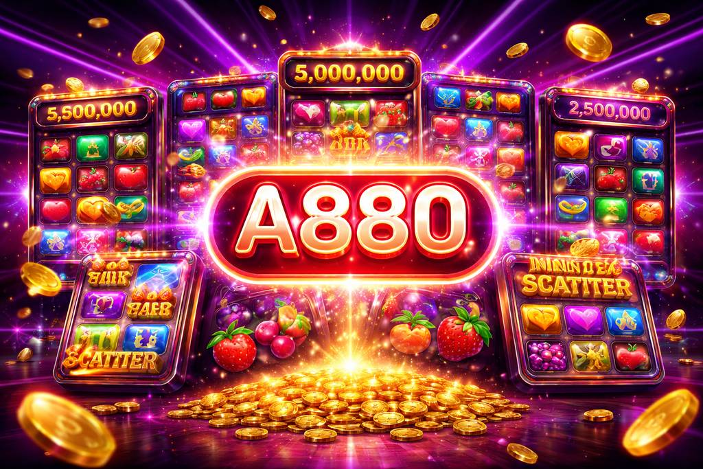 A880 Slots hero banner with jackpot reels and neon lights
